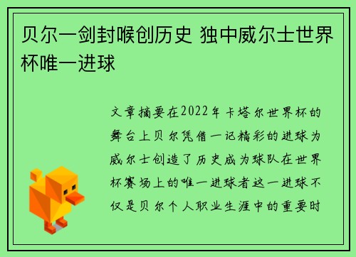 贝尔一剑封喉创历史 独中威尔士世界杯唯一进球
